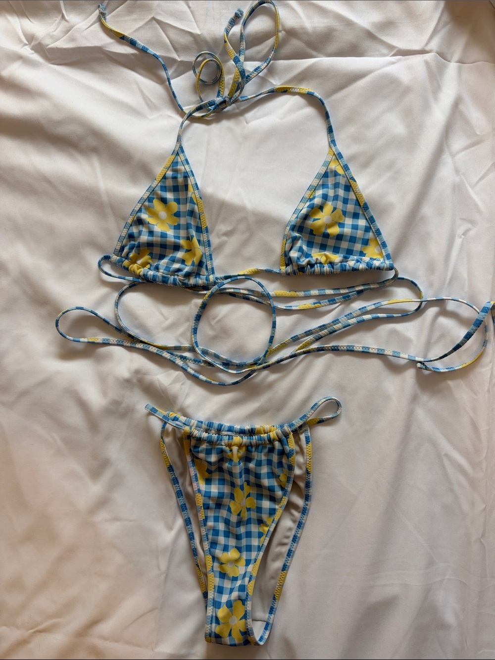 PacSun Blue & Yellow Gingham Floral Triangle Bikini